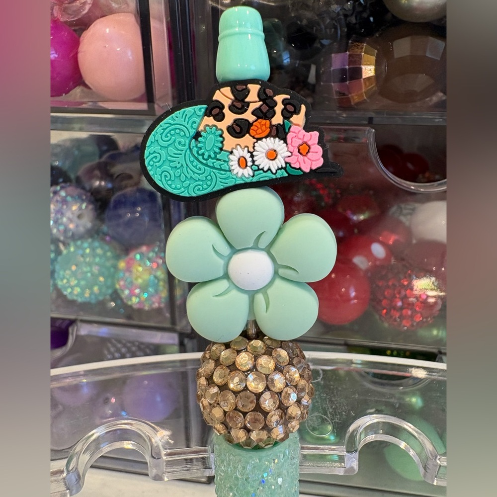 Handcrafted Mint Cowgirl Flower Beaded Pen